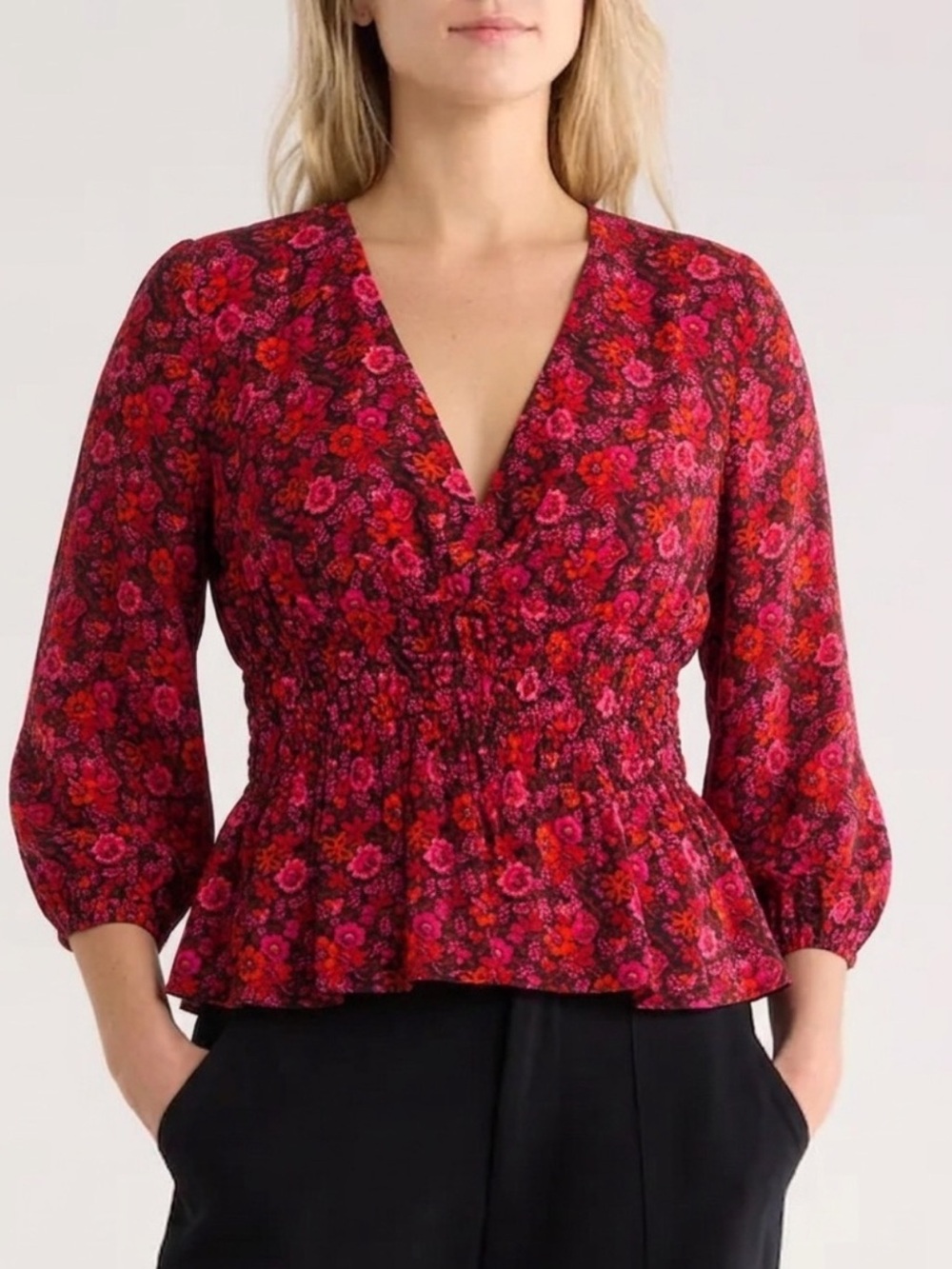 10 Crosby Derek Lam Red and Pink Floral Smocked Peplum Blouse